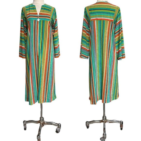 70s vintage stripe towel bell sleeve caftan dress terry cloth multicolour loose. - Picture 4 of 6
